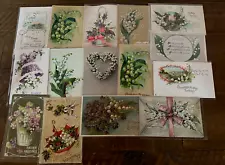 Pretty Lot of 15 Antique Greetings Postcards w. Lily of the Valley Flowers~p315