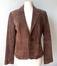 VTG New York & Company Womens Sz 14 Brown Suede Leather Jacket Shoulder Pads EUC