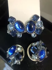 Vintage Juliana DeLizza & Elster Demi Parure Blue Clamper Bracelet & Earrings