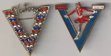 SALE!(2) "V FOR VICTORY" PINS WITH STONES & V BRASS PIN ICE-SKATER SONJA HENIE