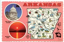 Arkansas State Map State Capital Building Mississippi River Postcard