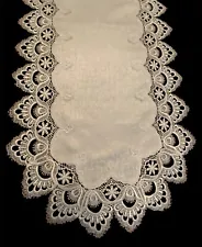 White Embroidered Lace Cutwork Damask Table Runner Scalloped Edge 64” x 17”