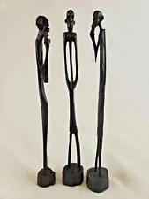 African 8" Hand Carved Wooden Statue Stick Figures Sculptures Tribal - Set of 3