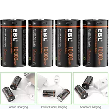 4Pcs D Size Cell 10000mWh Rechargeable Batteries USB Lithium-ion Li-ion+Cable