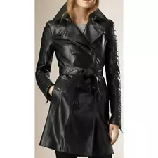 Handmade Ladies Women Black Genuine Real Leather Trench Coat