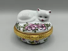 Sleeping Kitten Cat Round Hinged Porcelain Trinket Stash Pill Ring Box