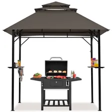 Grill Gazebo 8×5FT Outdoor BBQ Gazebo w/Height-adjustable Shelves & Hooks, Brown