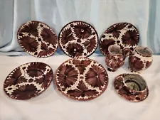 OAXACA Vintage Hand-Painted Mexican Pottery 9 Pieces Brown/Tan, NICE!