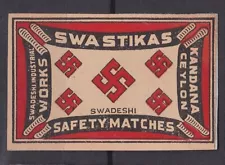 Old matchbox label Ceylon, Swastikas Swadeshi Industrial Works 5.0x3.1cm