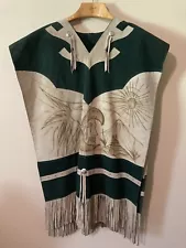 Vintage Native American Southwestern Indian Green Leather & Sherpa Lined Poncho