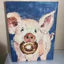 Kathryn White Canvas Art Pig with Donut 16 X 12