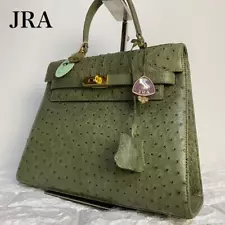 Rare Jra Ostrich Handbag Green Leather H9.4 x W10.2 - 11.4 x D3.5 inch