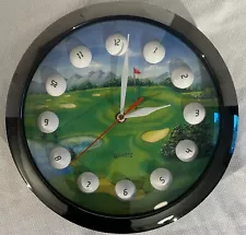 GOLF TIME WALL CLOCK WITH GOLF COURSE SCENE AND GOLF BALL HOUR MARKERS