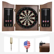 Brown Wall-mounted Wooden Dartboard W/ Cabinet & Dart Boards Set For Adults