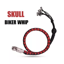 42" Motorcycle Get Back Whip Leather Biker Whip for Handlebar With Skulls