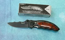 FURY Black Wavy Blade Linerlock Knife 11061 - NEW Aluminum Wood Inlay Handle Box