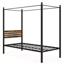 Twin Size Canopy Bed Frame Headboard Heavy-Duty Metal Bed W/ Under Bed Storage