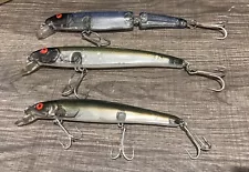 Vintage set of 3 Bomber Lures Slender Minnow Jerbait Silver Flash 6.5" and 8"