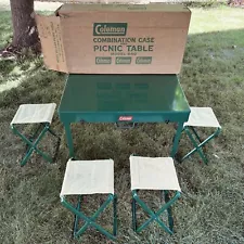 Vintage 1955 Coleman 640 Metal Folding Picnic Table 4 Camping Chairs w/ Orig BOX