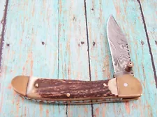 CUSTOM HAND MADE SIGNED SM STAG DAMASCUS LINERLOCK FOLDING POCKET KNIFE KNIVES