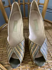 $5 SALE PORTOFINO Italy 3.5" Heel Vintage Shoes green tan leather peep toe 38N