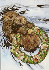 Mama Baby Sea Otters Christmas Wreath Postcard Seashells Holly Berries J. Held