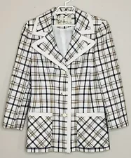 Vintage Lilli Ann Womens Overcoat Jacket Large? Cream Tan Navy Plaid Mid Length