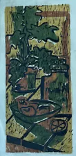 mid century lino cut wood block signed Expressionism Stil Life Philodendron