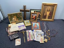 COLLECTION OF VARIOUS RELIGIOUS ITEMS (ROSARIES, PICTURES, ETC)