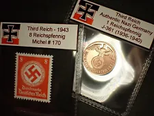 Nazi 1 Reichspfennig Coin and Swastika Stamp Set Third Reich WW2 Germany Lot