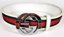 GUCCI Logo Silver Buckle White Leather - Green Red Stripe - Belt Size 35