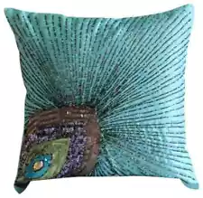 Decorative Throw Pillow Cover Blue 16"x16", Home Decor Silk - Peacock Grace