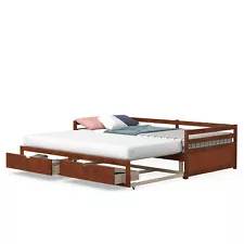 Twin to King Daybed w/ 2 Drawers Wooden Sofa Bed for Bedroom Living Room Cherry