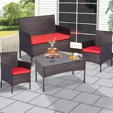 4PCS Patio Rattan Sofa Set Wicker Furniture Set Cushioned Sectional Sofa Outdoor