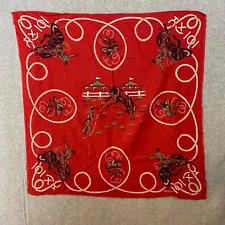 Vintage 1940-50s Swagger Western Bucking Bronco Rodeo Red Square Bandana Scarf