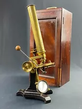 Large Brass 19th Century Microscope with Its Mahogany Carrying Case