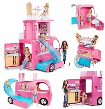 New Mattel Barbie Pop Up Popup Camper 3 Levels Pink RV Bus Home Van Truck Set