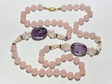 Vtg Chinese Pink Rose Quartz & Amethyst Beaded Costume Necklace w/Silver Clasp