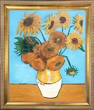 Van Gogh SUNFLOWERS Blue textured Oil Painting 20x24 Framed Canvas **SALE