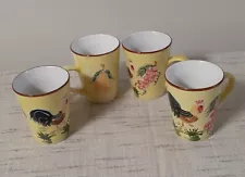 4 Rooster and Fruit Coffee Mugs, Vintage, Hand Painted Stoneware