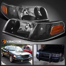 Fits 1998-2011 Ford Crown Victoria Black Headlights+Corner Signal Lamp Pair