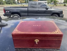 Vtg MCM Tooled Italian Leather Jewelry Box with Lock, Blue Velvet Lining 10x8”