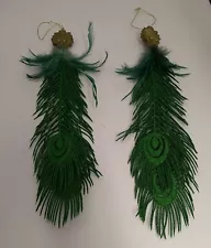 Blue Green Dazzling Peacock Feather Christmas Ornaments 14 1/2"L x 4" w Lot of 2