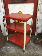 Antique 1940s Metal Farm Country Kitchen Rolling Cart Wood Wheels 30 x 15 x 20