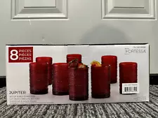 Fortessa Jupiter 8 piece drink glass set 13 oz Beaded design RED NEW with BOX