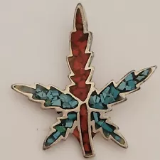 Turquoise Marijuana Leaf Pendant Crushed Blue Turquiose Red Coral VTG