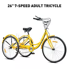 VIRIBUS 26" Trike 7-Speed Adult Tricycle 3-Wheel Bike w Shopping Basket Cruiser