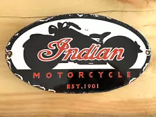 VINTAGE INDIAN MOTORCYCLES EST. 1901 SALES & SERVICE OIL GAS PUMP PORCELAIN SIGN