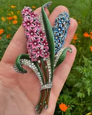 Rare 1940’s TRIFARI 'ALFRED PHILIPPE' ENAMELED & PAVE DOUBLE HYACINTH PIN/CLIP