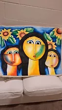 Painting On Canvas From Dominican Republic Of Three Women Colorful Unframed